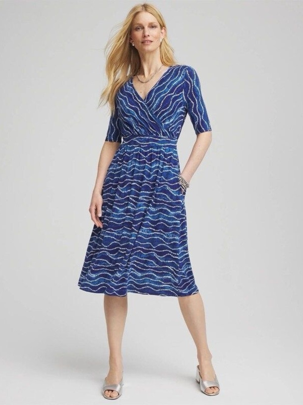 Chico's Blue Wave-Print Wrap Midi Dress